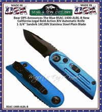 Bear & Son Cutlery Bear OPS Announces The Blue BSAC-1400-ALBL-B New California-Legal Bold Action XIV Automatic Knife 1-3/4" Sandvik 14C28N Stainless Steel Plain Blade 4-1/4" Overall Bear & Son Cutlery Bear OPS Announces The Blue BSAC-1400-ALBL-B New California-Legal Bold Action XIV Automatic Knife 1-3/4" Sandvik 14C28N Stainless Steel Plain Blade 4-1/4" Overall