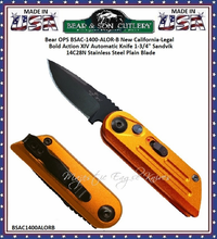 Bear & Son Cutlery Bear OPS Announces The Orange BSAC-1400-ALOR-B New California-Legal Bold Action XIV Automatic Knife 1-3/4" Sandvik 14C28N Stainless Steel Plain Blade 4-1/4" Overall Bear & Son Cutlery Bear OPS Announces The Orange BSAC-1400-ALOR-B New California-Legal Bold Action XIV Automatic Knife 1-3/4" Sandvik 14C28N Stainless Steel Plain Blade 4-1/4" Overall