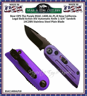 Bear & Son Cutlery Bear OPS Announces The Purple BSAC-1400-AL-PL-B New California-Legal Bold Action XIV Automatic Knife 1-3/4" Sandvik 14C28N Stainless Steel Plain Blade 4-1/4" Overall