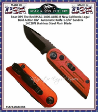 Bear & Son Cutlery Bear OPS Announces The Red BSAC-1400-ALRD-B New California-Legal Bold Action XIV Automatic Knife 1-3/4" Sandvik 14C28N Stainless Steel Plain Blade 4-1/4" Overall Bear & Son Cutlery Bear OPS Announces The Red BSAC-1400-ALRD-B New California-Legal Bold Action XIV Automatic Knife 1-3/4" Sandvik 14C28N Stainless Steel Plain Blade 4-1/4" Overall
