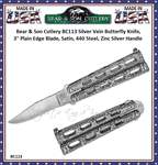 Bear & Son Cutlery Bear Ops BC113 Butterfly Knife Silver Vein 3" 440 Stainless Steel Clip Point Plain Blade. Silver Vein Die Cast Metal Features Zinc Handles with Epoxy Powder Coating