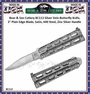 Bear & Son Cutlery Bear Ops BC113 Butterfly Knife Silver Vein 3" 440 Stainless Steel Clip Point Plain Blade. Silver Vein Die Cast Metal Features Zinc Handles with Epoxy Powder Coating