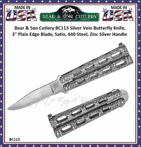 Bear & Son Cutlery Bear Ops BC113 Butterfly Knife Silver Vein 3" 440 Stainless Steel Clip Point Plain Blade. Silver Vein Die Cast Metal Features Zinc Handles with Epoxy Powder Coating
