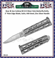 Bear & Son Cutlery Bear Ops BC113 Butterfly Knife Silver Vein 3" 440 Stainless Steel Clip Point Plain Blade. Silver Vein Die Cast Metal Features Zinc Handles with Epoxy Powder Coating