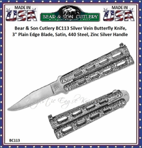 Bear & Son Cutlery Bear Ops BC113 Butterfly Knife Silver Vein 3" 440 Stainless Steel Clip Point Plain Blade. Silver Vein Die Cast Metal Features Zinc Handles with Epoxy Powder Coating Bear & Son Cutlery Bear Ops BC113 Butterfly Knife Silver Vein 3" 440 Stainless Steel Clip Point Plain Blade. Silver Vein Die Cast Metal Features Zinc Handles with Epoxy Powder Coating