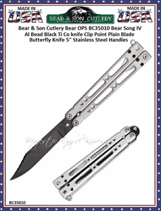 Bear & Son Cutlery Bear OPS BC35010 Bear Song IV Al Bead Black Ti Co knife Clip Point Plain Blade Butterfly Knife 5" Stainless Steel Handles