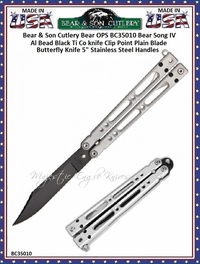 Bear & Son Cutlery Bear OPS BC35010 Bear Song IV Al Bead Black Ti Co knife Clip Point Plain Blade Butterfly Knife 5" Stainless Steel Handles Bear & Son Cutlery Bear OPS BC35010 Bear Song IV Al Bead Black Ti Co knife Clip Point Plain Blade Butterfly Knife 5" Stainless Steel Handles