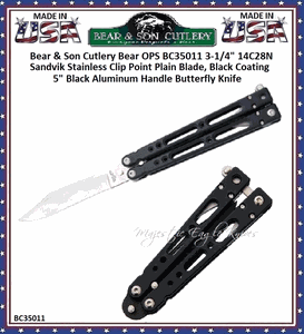 Bear & Son Cutlery Bear OPS BC35011 Bear Song IV 3-1/4" 14C28N Stainless Steel Clip Point Plain Blade, Black Coating. 5" Black Aluminum Handle Butterfly Knife 