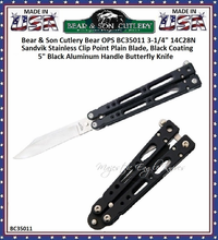 Bear & Son Cutlery Bear OPS BC35011 Bear Song IV 3-1/4" 14C28N Stainless Steel Clip Point Plain Blade, Black Coating. 5" Black Aluminum Handle Butterfly Knife Bear & Son Cutlery Bear OPS BC35011 Bear Song IV 3-1/4" 14C28N Stainless Steel Clip Point Plain Blade, Black Coating. 5" Black Aluminum Handle Butterfly Knife
