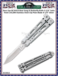 Bear & Son Cutlery Bear Ops BC35013 Bear Song IV Butterfly Knife 3-1/4" Satin finish 14C28N Stainless Steel Clip Plain Blade 4-1/4" Silver Aluminum Handles Black Nylon Storage Pouch 