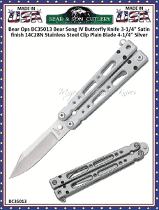 Bear & Son Cutlery Bear Ops BC35013 Bear Song IV Butterfly Knife 3-1/4" Satin finish 14C28N Stainless Steel Clip Plain Blade 4-1/4" Silver Aluminum Handles Black Nylon Storage Pouch 