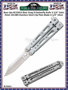 Bear & Son Cutlery Bear Ops BC35013 Bear Song IV Butterfly Knife 3-1/4" Satin finish 14C28N Stainless Steel Clip Plain Blade 4-1/4" Silver Aluminum Handles Black Nylon Storage Pouch 