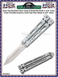 Bear & Son Cutlery Bear Ops BC35013 Bear Song IV Butterfly Knife 3-1/4" Satin finish 14C28N Stainless Steel Clip Plain Blade 4-1/4" Silver Aluminum Handles Black Nylon Storage Pouch 