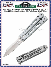 Bear & Son Cutlery Bear Ops BC35013 Bear Song IV Butterfly Knife 3-1/4" Satin finish 14C28N Stainless Steel Clip Plain Blade 4-1/4" Silver Aluminum Handles Black Nylon Storage Pouch Bear & Son Cutlery Bear Ops BC35013 Bear Song IV Butterfly Knife 3-1/4" Satin finish 14C28N Stainless Steel Clip Plain Blade 4-1/4" Silver Aluminum Handles Black Nylon Storage Pouch