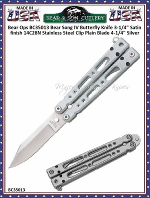 Bear & Son Cutlery Bear Ops BC35013 Bear Song IV Butterfly Knife 3-1/4" Satin finish 14C28N Stainless Steel Clip Plain Blade 4-1/4" Silver Aluminum Handles Black Nylon Storage Pouch 