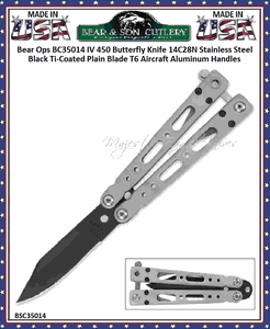 Bear & Son Cutlery Bear Ops BC35014 IV 450 Butterfly Knife 14C28N Stainless Steel Black Ti-Coated Plain Blade T6 Aircraft Aluminum Handles 