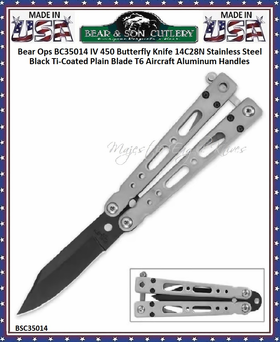 Bear & Son Cutlery Bear Ops BC35014 IV 450 Butterfly Knife 14C28N Stainless Steel Black Ti-Coated Plain Blade T6 Aircraft Aluminum Handles Bear & Son Cutlery Bear Ops BC35014 IV 450 Butterfly Knife 14C28N Stainless Steel Black Ti-Coated Plain Blade T6 Aircraft Aluminum Handles