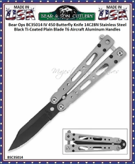 Bear & Son Cutlery Bear Ops BC35014 IV 450 Butterfly Knife 14C28N Stainless Steel Black Ti-Coated Plain Blade T6 Aircraft Aluminum Handles 