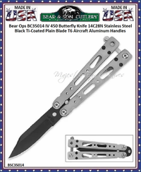 Bear & Son Cutlery Bear Ops BC35014 IV 450 Butterfly Knife 14C28N Stainless Steel Black Ti-Coated Plain Blade T6 Aircraft Aluminum Handles Bear & Son Cutlery Bear Ops BC35014 IV 450 Butterfly Knife 14C28N Stainless Steel Black Ti-Coated Plain Blade T6 Aircraft Aluminum Handles