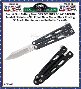Bear & Son Cutlery Bear OPS BC35015 3-1/4" 14C28N Sandvik Stainless Steel Clip Point Plain Blade, 5" Black Aluminum Handle Butterfly Knife