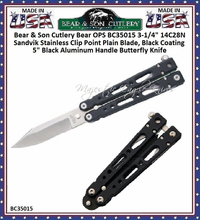 Bear & Son Cutlery Bear OPS BC35015 3-1/4" 14C28N Sandvik Stainless Steel Clip Point Plain Blade, 5" Black Aluminum Handle Butterfly Knife Bear & Son Cutlery Bear OPS BC35015 3-1/4" 14C28N Sandvik Stainless Steel Clip Point Plain Blade, 5" Black Aluminum Handle Butterfly Knife