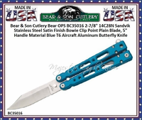 Bear & Son Cutlery Bear OPS BC35016 2-7/8" 14C28N Sandvik Stainless Steel Satin Finish Bowie Clip Point Plain Blade, 4-1/4' Handle Material Blue T6 Aircraft Aluminum Butterfly Knife Bear & Son Cutlery Bear OPS BC35016 2-7/8" 14C28N Sandvik Stainless Steel Satin Finish Bowie Clip Point Plain Blade, 4-1/4' Handle Material Blue T6 Aircraft Aluminum Butterfly Knife