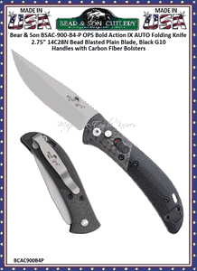 Bear & Son Cutlery Bear OPS BCAC-900-B4-P Bold Action IX AUTO Folding Pocket Knife 2.75" 14C28N Bead Blasted Plain Blade, Black G10 Handles with Carbon Fiber Bolsters