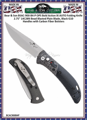 Bear & Son Cutlery Bear OPS BCAC-900-B4-P Bold Action IX AUTO Folding Pocket Knife 2.75" 14C28N Bead Blasted Plain Blade, Black G10 Handles with Carbon Fiber Bolsters Bear & Son Cutlery Bear OPS BCAC-900-B4-P Bold Action IX AUTO Folding Pocket Knife 2.75" 14C28N Bead Blasted Plain Blade, Black G10 Handles with Carbon Fiber Bolsters