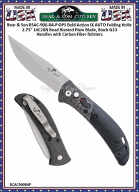Bear & Son Cutlery Bear OPS BCAC-900-B4-P Bold Action IX AUTO Folding Pocket Knife 2.75" 14C28N Bead Blasted Plain Blade, Black G10 Handles with Carbon Fiber Bolsters Bear & Son Cutlery Bear OPS BCAC-900-B4-P Bold Action IX AUTO Folding Pocket Knife 2.75" 14C28N Bead Blasted Plain Blade, Black G10 Handles with Carbon Fiber Bolsters