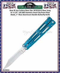Bear & Son Cutlery Bear Ops BCB35012 Bear Song IV 3-1/4" 14C28N Stainless Steel Clip Point Plain Blade, 5" Blue Aluminum Handle Butterfly Knife Bear & Son Cutlery Bear Ops BCB35012 Bear Song IV 3-1/4" 14C28N Stainless Steel Clip Point Plain Blade, 5" Blue Aluminum Handle Butterfly Knife