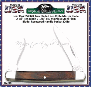 Bear & Son Cutlery Bear Ops BS232R Two Bladed Pen Knife Master Blade 2-78" Pen Blade 2-1/8" 440 Stainless Steel Plain Blade, Rosewood Handle Pocket Knife