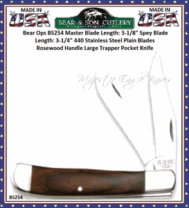  Bear & Son Cutlery Bear Ops BS254R Master Blade Length: 3-1/8" Spey Blade Length: 3-1/4" 440 Stainless Steel Plain Blades Rosewood Handle Large Trapper Pocket Knife