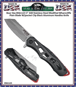 Bear & Son Cutlery Bear Ops BS61123  3" 440 Stainless Steel Modified Wharncliffe Plain Blade W/pocket Clip Black Aluminum Handles Knife  