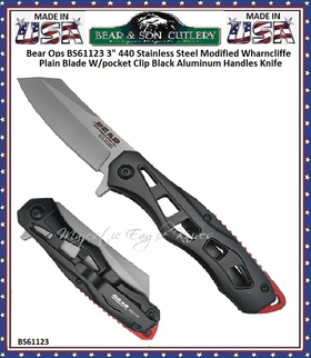 Bear & Son Cutlery Bear Ops BS61123  3" 440 Stainless Steel Modified Wharncliffe Plain Blade W/pocket Clip Black Aluminum Handles Knife  