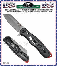 Bear & Son Cutlery Bear Ops BS61123 3" 440 Stainless Steel Modified Wharncliffe Plain Blade W/pocket Clip Black Aluminum Handles Knife Bear & Son Cutlery Bear Ops BS61123 3" 440 Stainless Steel Modified Wharncliffe Plain Blade W/pocket Clip Black Aluminum Handles Knife