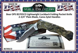 Bear & Son Cutlery Bear OPS BS705CO Lightweight Lock back Folding Pocket Knife 3-3/4" Closed 2-3/4" High Carbon Stainless Steel Plain Blade, Camo Zytel Handles
