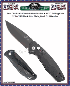 Bear & Son Cutlery Bear OPS BSAC-1000-B4-B Bold Action X AUTO Folding Knife 3" 14C28N Black Plain Blade, Black G10 Handles
