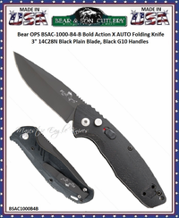Bear & Son Cutlery Bear OPS BSAC-1000-B4-B Bold Action X AUTO Folding Knife 3" 14C28N Black Plain Blade, Black G10 Handles Bear & Son Cutlery Bear OPS BSAC-1000-B4-B Bold Action X AUTO Folding Knife 3" 14C28N Black Plain Blade, Black G10 Handles
