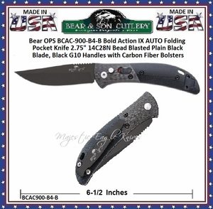 Bear & Son Cutlery Bear OPS BCAC-900-B4-B Bold Action IX AUTO Folding Pocket Knife 2.75" 14C28N Bead Blasted Plain Black Blade, Black G10 Handles with Carbon Fiber Bolsters Bear & Son Cutlery Bear OPS BCAC-900-B4-B Bold Action IX AUTO Folding Pocket Knife 2.75" 14C28N Bead Blasted Plain Black Blade, Black G10 Handles with Carbon Fiber Bolsters