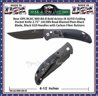 Bear & Son Cutlery Bear OPS BCAC-900-B4-B Bold Action IX AUTO Folding Pocket Knife 2.75" 14C28N Bead Blasted Plain Black Blade, Black G10 Handles with Carbon Fiber Bolsters Bear & Son Cutlery Bear OPS BCAC-900-B4-B Bold Action IX AUTO Folding Pocket Knife 2.75" 14C28N Bead Blasted Plain Black Blade, Black G10 Handles with Carbon Fiber Bolsters