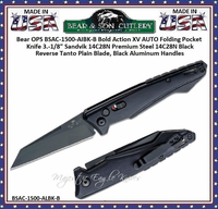 Bear & Son Cutlery Bear OPS BSAC-1500-AIBK-B Bold Action XV AUTO Folding Pocket Knife 4-1/2" Closed 3-1/8" Sandvik 14C28N Black Reverse Tanto Plain Blade, Black Aluminum Handles Bear & Son Cutlery Bear OPS BSAC-1500-AIBK-B Bold Action XV AUTO Folding Pocket Knife 4-1/2" Closed 3-1/8" Sandvik 14C28N Black Reverse Tanto Plain Blade, Black Aluminum Handles