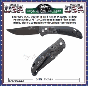Bear & Son Cutlery Bear OPS BCAC-900-B4-B Bold Action IX AUTO Folding Pocket Knife 2.75" 14C28N Bead Blasted Plain Black Blade, Black G10 Handles with Carbon Fiber Bolsters