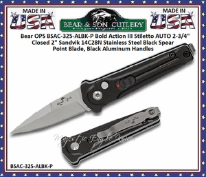 Bear & Son Cutlery Bear OPS BSAC-325-ALBK-P Bold Action III Stiletto AUTO 2-3/4" Closed 2" Sandvik 14C28N Stainless Steel Black Spear Point Blade, Black Aluminum Handles Bear & Son Cutlery Bear OPS BSAC-325-ALBK-P Bold Action III Stiletto AUTO 2-3/4" Closed 2" Sandvik 14C28N Stainless Steel Black Spear Point Blade, Black Aluminum Handles