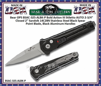 Bear & Son Cutlery Bear OPS BSAC-325-ALBK-P Bold Action III Stiletto AUTO 2-3/4" Closed 2" Sandvik 14C28N Stainless Steel Black Spear Point Blade, Black Aluminum Handles Bear & Son Cutlery Bear OPS BSAC-325-ALBK-P Bold Action III Stiletto AUTO 2-3/4" Closed 2" Sandvik 14C28N Stainless Steel Black Spear Point Blade, Black Aluminum Handles