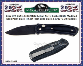 Bear & Son Cutlery Bear OPS BSAC-33002 Bold Action AUTO Pocket Knife Modified Drop Point Black TI Coat Plain Edge Black & Gray  G-10 Handles