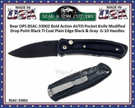 Bear & Son Cutlery Bear OPS BSAC-33002 Bold Action AUTO Pocket Knife Modified Drop Point Black TI Coat Plain Edge Black & Gray  G-10 Handles