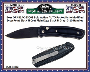 Bear & Son Cutlery Bear OPS BSAC-33002 Bold Action AUTO Pocket Knife Modified Drop Point Black TI Coat Plain Edge Black & Gray  G-10 Handles