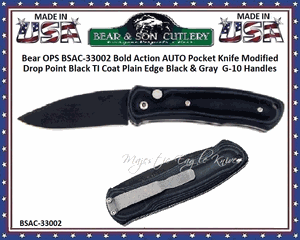 Bear & Son Cutlery Bear OPS BSAC-33002 Bold Action AUTO Pocket Knife Modified Drop Point Black TI Coat Plain Edge Black & Gray  G-10 Handles