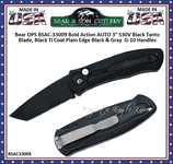 Bear & Son Cutlery Bear OPS BSAC-33009 Bold Action AUTO 3" S30V Black Tanto Blade, Black TI Coat Plain Edge Black & Gray  G-10 Handles