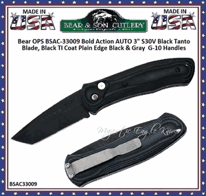 Bear & Son Cutlery Bear OPS BSAC-33009 Bold Action AUTO 3" S30V Black Tanto Blade, Black TI Coat Plain Edge Black & Gray  G-10 Handles